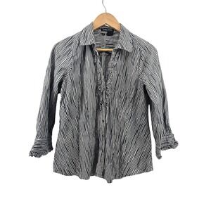 Sandra Ingrish Button Up Women Medium Black White Striped Ruffle Crinkle Blouse